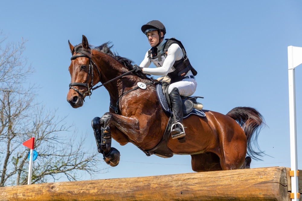 Horse jumping cross country with boots